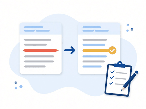 Illustration: a crossed-out line replaced by a highlighted line with a checkmark